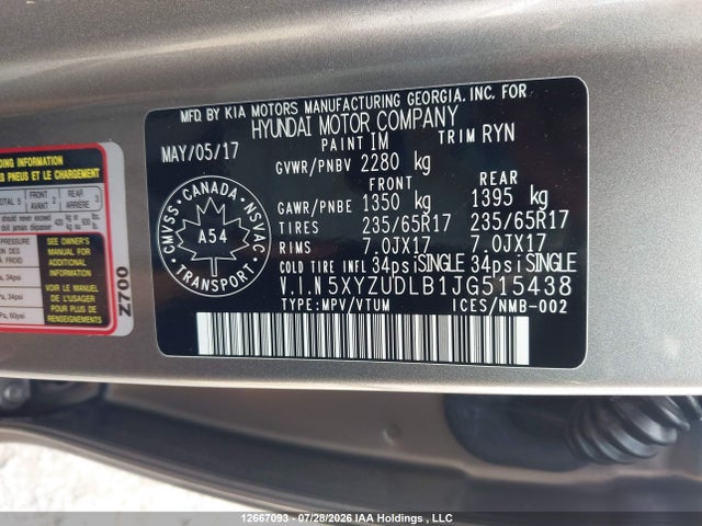 Продажа на аукционе авто 2018 Hyundai Santa Fe Sport, vin: 5XYZUDLB1JG515438, номер лота: 12667093