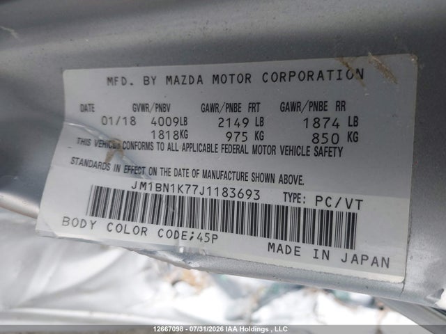 12667098 :رقم المزاد ، JM1BN1K77J1183693 vin ، 2018 Mazda 3 Sport مزاد بيع