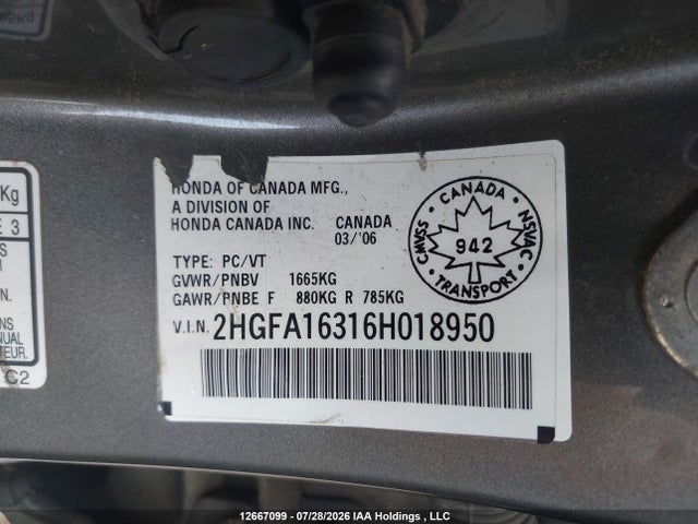12667099 :رقم المزاد ، 2HGFA16316H018950 vin ، 2006 Honda Civic Dx-g مزاد بيع