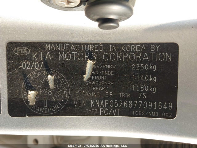 12667102 :رقم المزاد ، KNAFG526877091649 vin ، 2007 Kia Rondo Lx/ex مزاد بيع