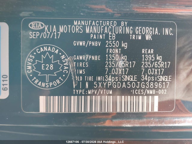 Aukcja sprzedaży 2018 Kia Sorento 3.3l Lx, vin: 5XYPGDA50JG389617, numer aukcji: 12667106