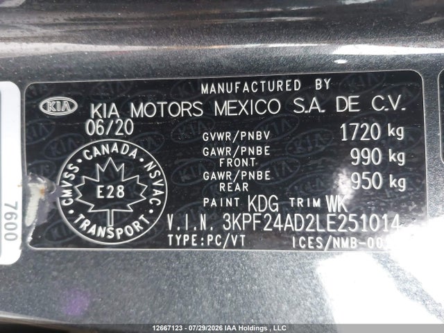 Продажа на аукционе авто 2020 Kia Forte Fe/lxs, vin: 3KPF24AD2LE251014, номер лота: 12667123