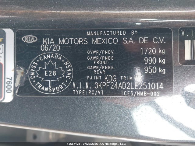 Продажа на аукционе авто 2020 Kia Forte Fe/lxs, vin: 3KPF24AD2LE251014, номер лота: 12667123