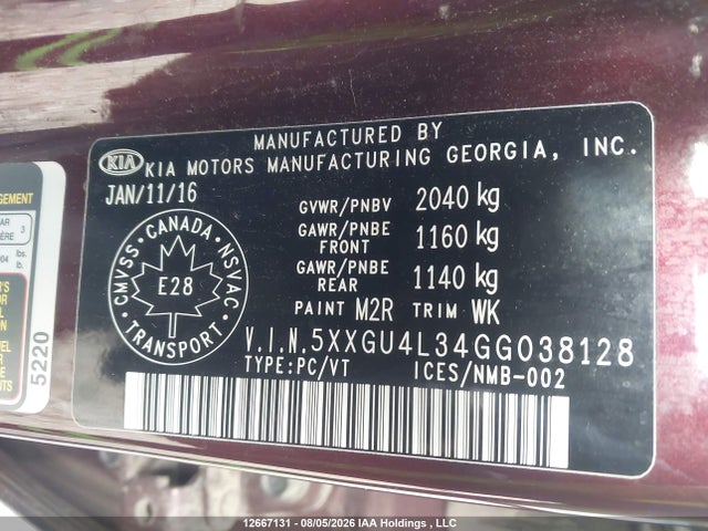12667131 :رقم المزاد ، 5XXGU4L34GG038128 vin ، 2016 Kia Optima Ex/ex Tech مزاد بيع