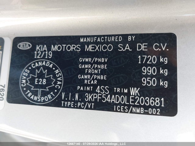 12667140 :رقم المزاد ، 3KPF54AD0LE203681 vin ، 2020 Kia Forte Ex مزاد بيع