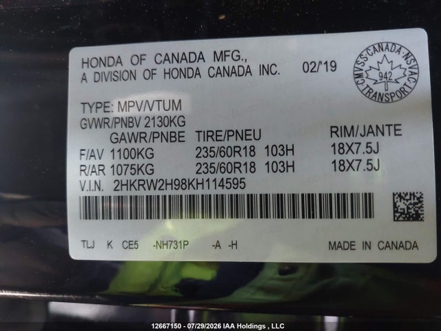 2HKRW2H98KH114595 Honda Cr-v Touring