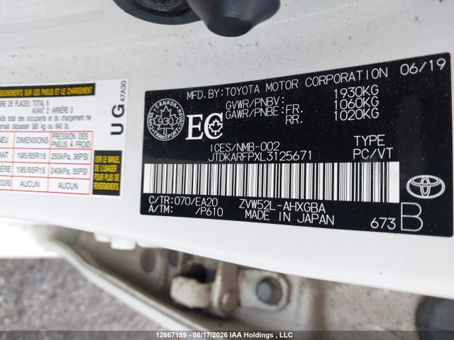 12667159 :رقم المزاد ، JTDKARFPXL3125671 vin ، 2020 Toyota Prius Prime Le/xle/limited مزاد بيع