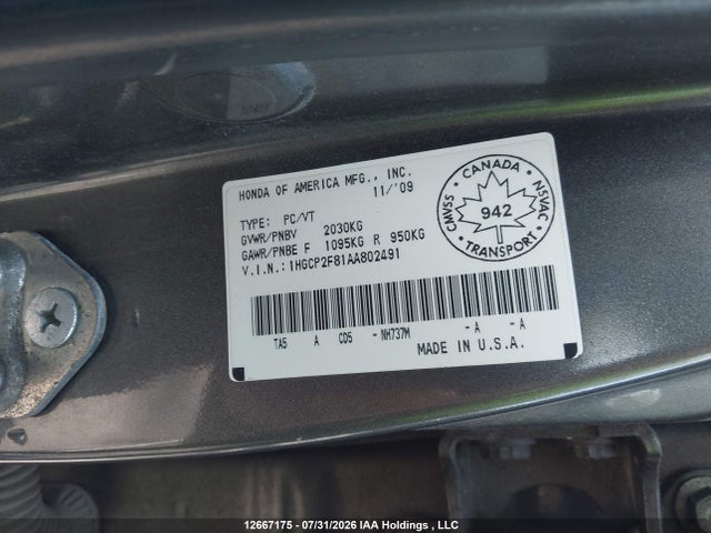 12667175 :رقم المزاد ، 1HGCP2F81AA802491 vin ، 2010 Honda Accord Exl مزاد بيع