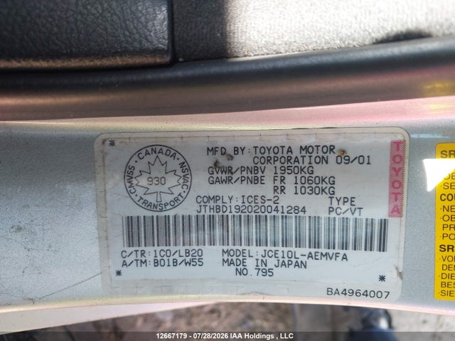 Aukcja sprzedaży 2002 Lexus Is 300 300, vin: JTHBD192020041284, numer aukcji: 12667179
