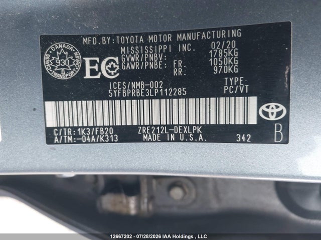 12667202 :رقم المزاد ، 5YFBPRBE3LP112285 vin ، 2020 Toyota Corolla Le مزاد بيع