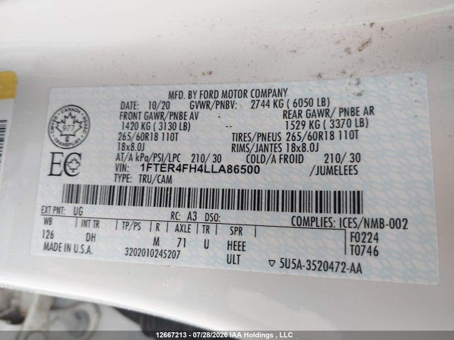 12667213 :رقم المزاد ، 1FTER4FH4LLA86500 vin ، 2020 Ford Ranger Lariat مزاد بيع