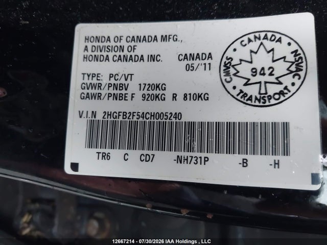 Aukcja sprzedaży 2012 Honda Civic Lx, vin: 2HGFB2F54CH005240, numer aukcji: 12667214