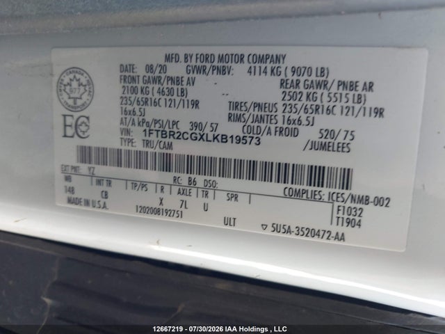 Продаж на аукціоні авто 2020 Ford Transit T-250, vin: 1FTBR2CGXLKB19573, номер лоту: 12667219