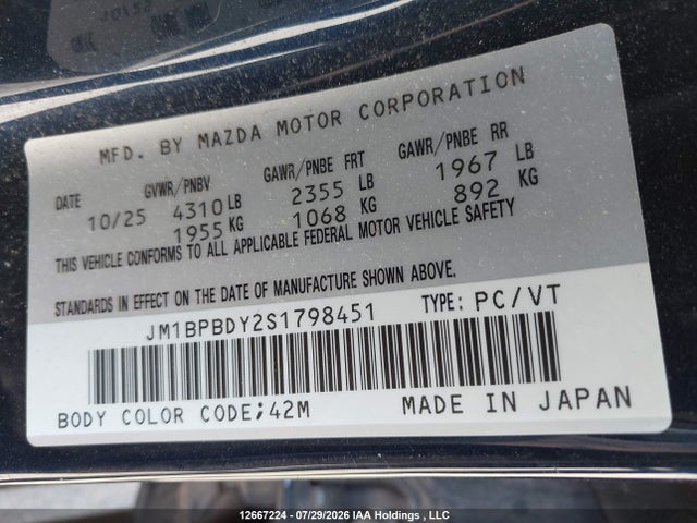 12667224 :رقم المزاد ، JM1BPBDY2S1798451 vin ، 2025 Mazda 3 Gt مزاد بيع