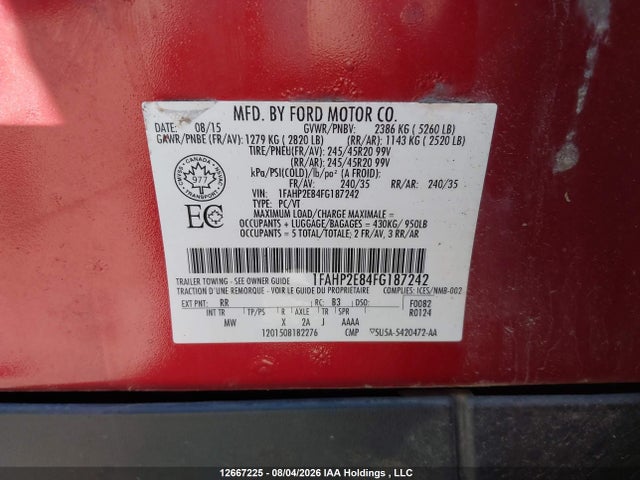 2015 Ford Taurus Sel მანქანა იყიდება აუქციონზე, vin: 1FAHP2E84FG187242, აუქციონის ნომერი: 12667225