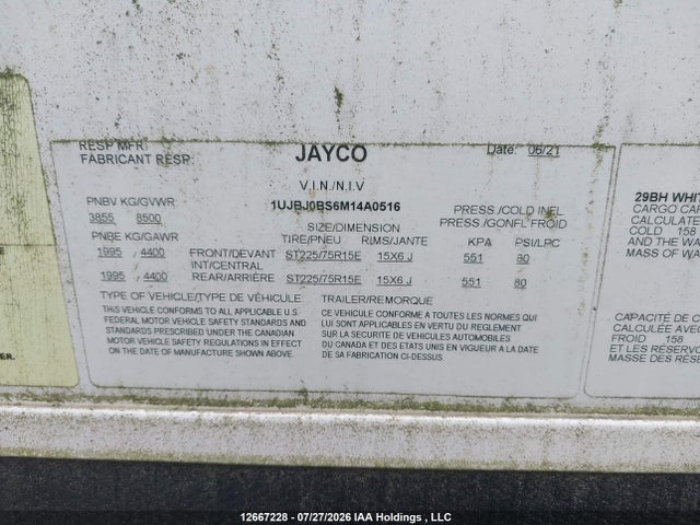 12667228 :رقم المزاد ، 1UJBJ0BS6M14A0516 vin ، 2021 Jayco White Hawk مزاد بيع