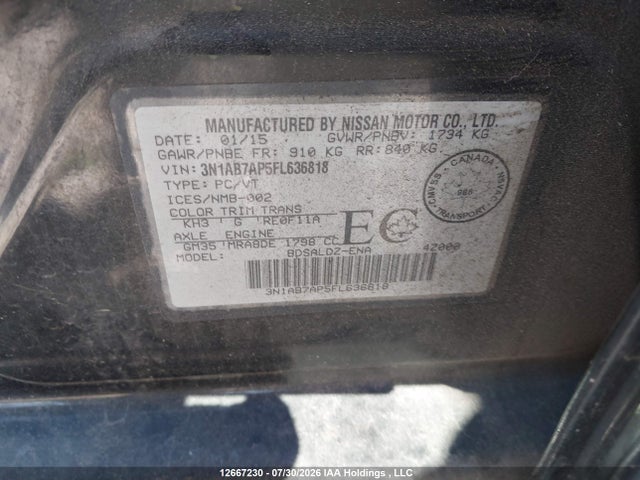 2015 Nissan Sentra მანქანა იყიდება აუქციონზე, vin: 3N1AB7AP5FL636818, აუქციონის ნომერი: 12667230