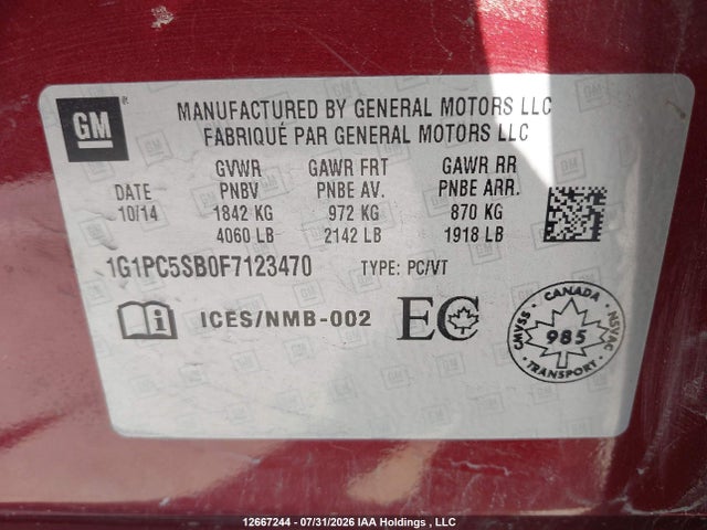 2015 Chevrolet Cruze 1lt მანქანა იყიდება აუქციონზე, vin: 1G1PC5SB0F7123470, აუქციონის ნომერი: 12667244