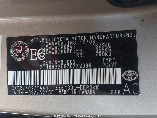 12667245 :رقم المزاد ، 2T1BR32E97C772098 vin ، 2007 Toyota Corolla Ce/le/sport مزاد بيع