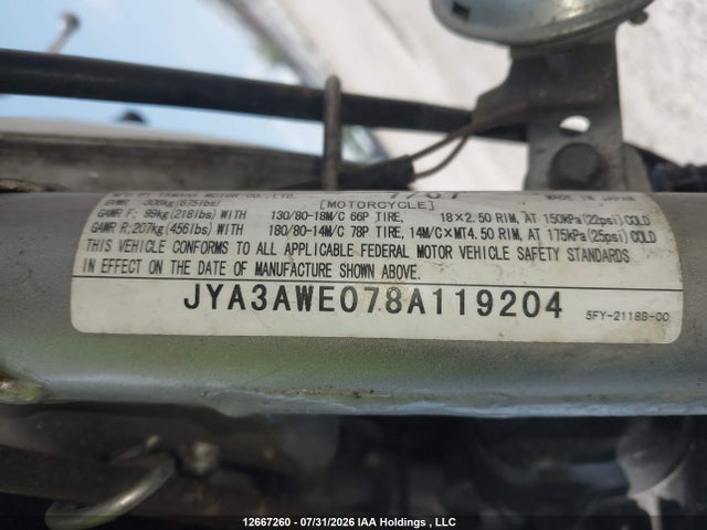 12667260 :رقم المزاد ، JYA3AWE078A119204 vin ، 2008 Yamaha Tw200 E مزاد بيع