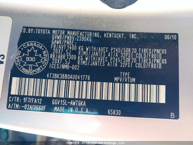 2010 Toyota Venza Base V6 მანქანა იყიდება აუქციონზე, vin: 4T3BK3BB0AU041776, აუქციონის ნომერი: 12667270