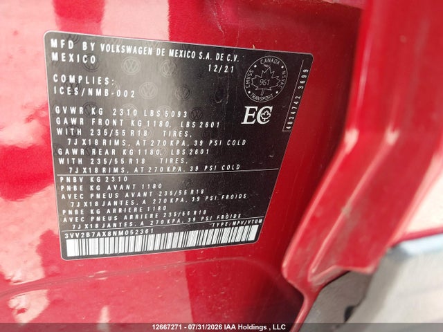 3VV2B7AX8NM052361 Volkswagen TIGUAN SE
