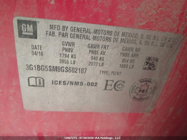 3G1BG5SM8GS602187 Chevrolet Cruze Premier Auto