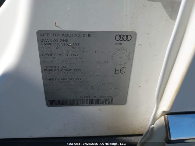 2015 Audi Q5 2.0t Komfort მანქანა იყიდება აუქციონზე, vin: WA1CFCFP3FA096690, აუქციონის ნომერი: 12667284
