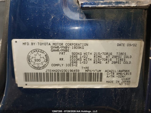 12667285 :رقم المزاد ، JTEHH20V230196459 vin ، 2003 Toyota Rav4 مزاد بيع