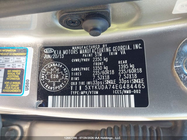 12667286 :رقم المزاد ، 5XYKUDA74EG484465 vin ، 2014 Kia Sorento Ex V6 مزاد بيع