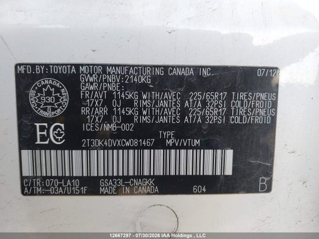 Aukcja sprzedaży 2012 Toyota Rav4 Limited, vin: 2T3DK4DVXCW081467, numer aukcji: 12667297