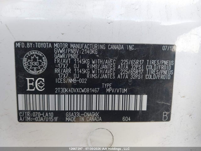 Aukcja sprzedaży 2012 Toyota Rav4 Limited, vin: 2T3DK4DVXCW081467, numer aukcji: 12667297