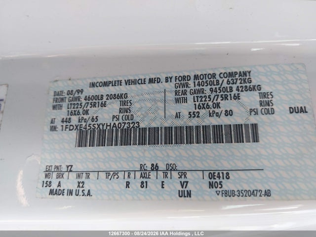 Auction sale of the 2000 Ford E-450 Cutaway Standard, vin: 1FDXE45SXYHA07323, lot number: 12667300