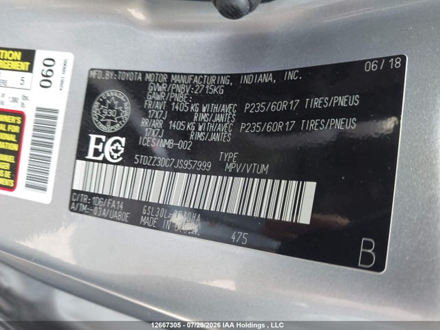 Aukcja sprzedaży 2018 Toyota Sienna L, vin: 5TDZZ3DC7JS957999, numer aukcji: 12667305