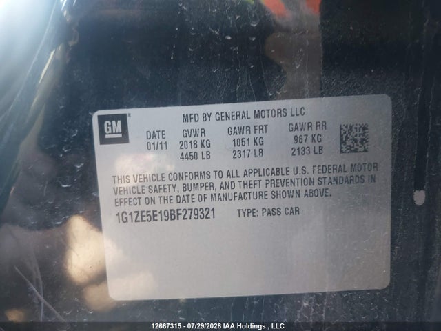 2011 Chevrolet Malibu Ltz მანქანა იყიდება აუქციონზე, vin: 1G1ZE5E19BF279321, აუქციონის ნომერი: 12667315