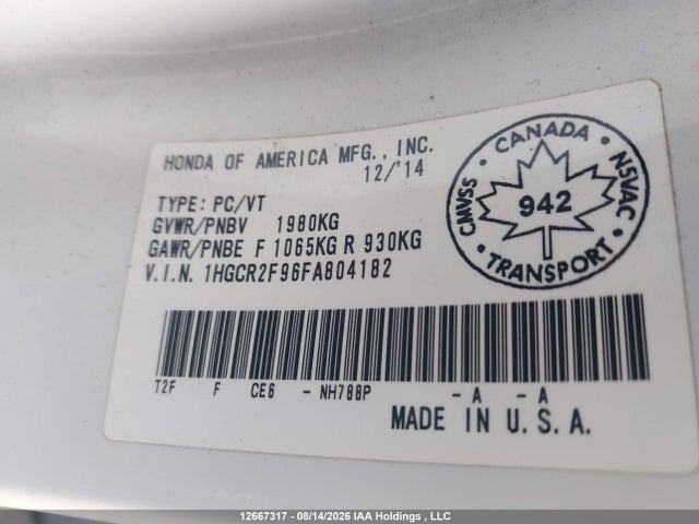 Honda Accord Touring 2015 1HGCR2F96FA804182 Image 9