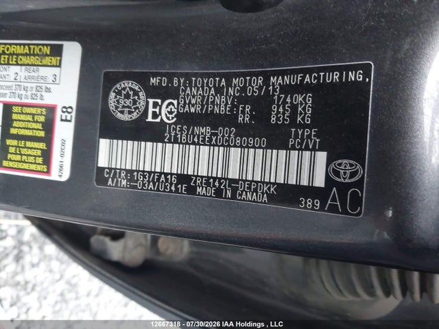12667318 :رقم المزاد ، 2T1BU4EEXDC080900 vin ، 2013 Toyota Corolla Ce مزاد بيع