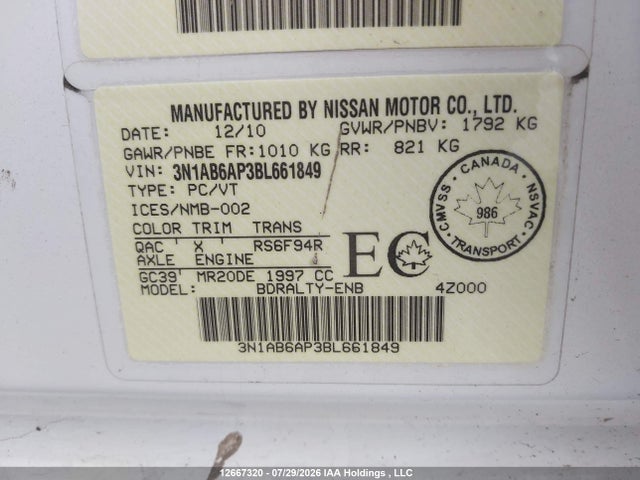 2011 Nissan Sentra მანქანა იყიდება აუქციონზე, vin: 3N1AB6AP3BL661849, აუქციონის ნომერი: 12667320