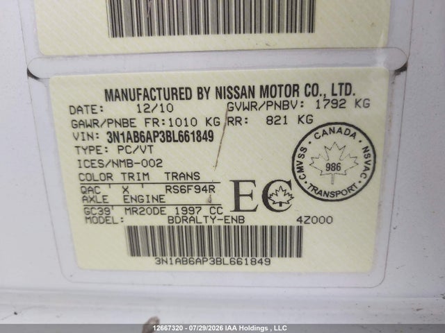2011 Nissan Sentra მანქანა იყიდება აუქციონზე, vin: 3N1AB6AP3BL661849, აუქციონის ნომერი: 12667320