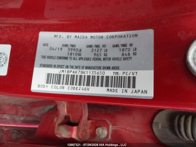 12667321 :رقم المزاد ، JM1BPAK78K1135650 vin ، 2019 Mazda 3 Sport مزاد بيع