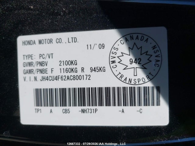 Aukcja sprzedaży 2010 Acura Tsx, vin: JH4CU4F62AC800172, numer aukcji: 12667332