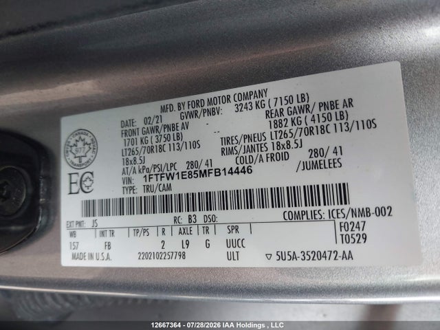Aukcja sprzedaży 2021 Ford F-150 Xlt, vin: 1FTFW1E85MFB14446, numer aukcji: 12667364