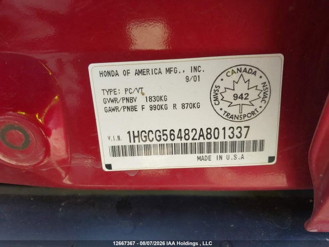Продаж на аукціоні авто 2002 Honda Accord Lx, vin: 1HGCG56482A801337, номер лоту: 12667367