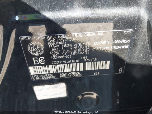 2018 Toyota Rav4 Limited/se/platinum მანქანა იყიდება აუქციონზე, vin: 2T3DFREV6JW718688, აუქციონის ნომერი: 12667374