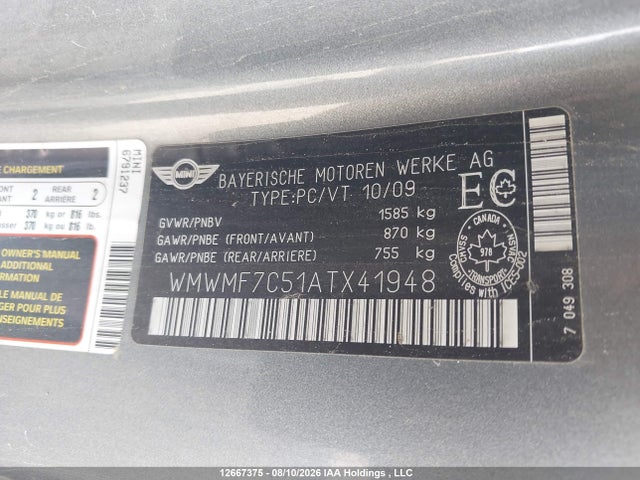 2010 Mini Cooper S მანქანა იყიდება აუქციონზე, vin: WMWMF7C51ATX41948, აუქციონის ნომერი: 12667375