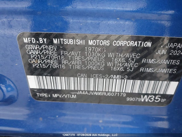 2024 Mitsubishi Rvr Se/sel/noir/gt მანქანა იყიდება აუქციონზე, vin: JA4AJVAW6RU607179, აუქციონის ნომერი: 12667378