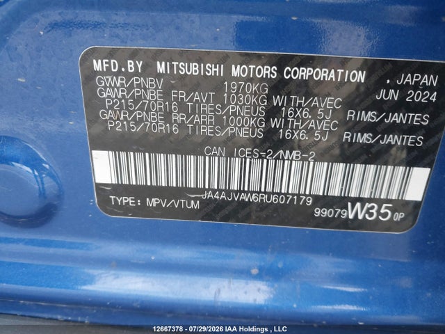 Aukcja sprzedaży 2024 Mitsubishi Rvr Se/sel/noir/gt, vin: JA4AJVAW6RU607179, numer aukcji: 12667378