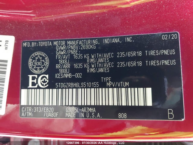 5TDGZRBH6LS510155 Toyota Highlander Xle