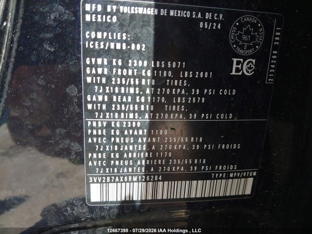 12667398 :رقم المزاد ، 3VV2B7AX6RM126284 vin ، 2024 Volkswagen Tiguan Se/wolfsburg مزاد بيع