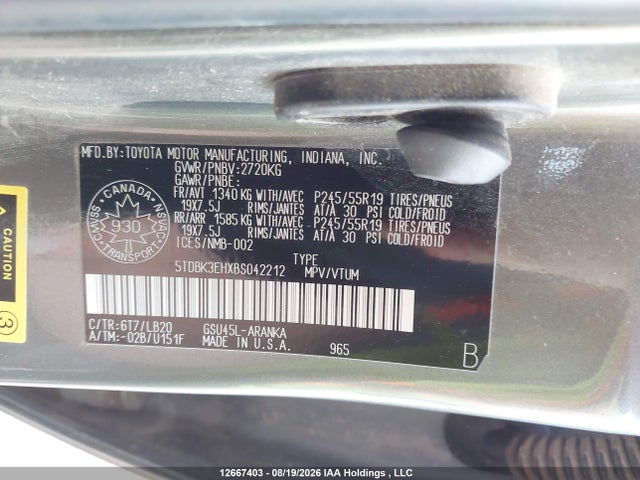 12667403 :رقم المزاد ، 5TDBK3EHXBS042212 vin ، 2011 Toyota Highlander مزاد بيع